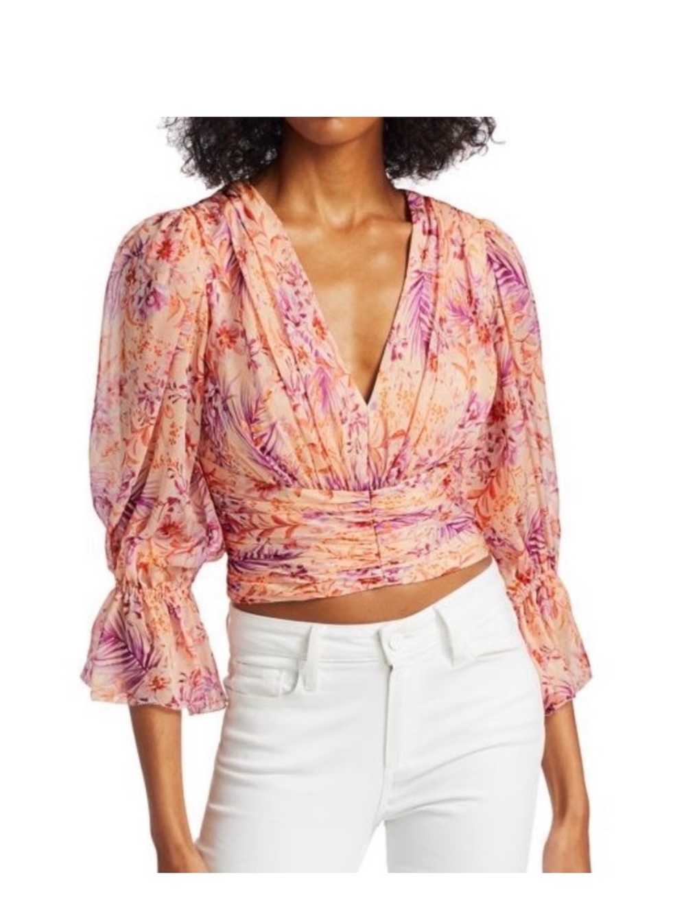 AMUR Peach and Pink Floral V-Neck top